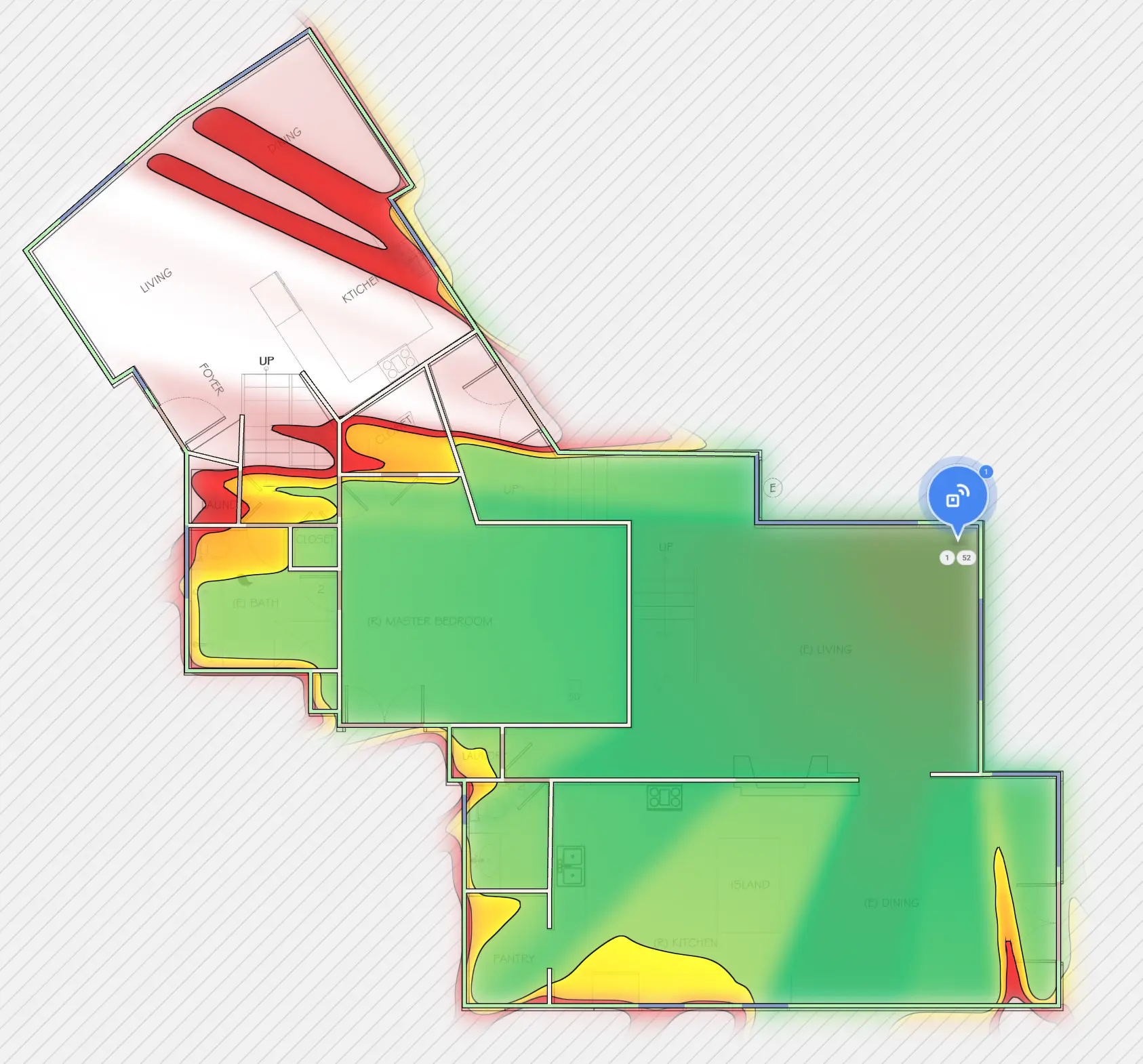 Illustrative predictive Wi‑Fi coverage heatmap for the original router location in a home addition