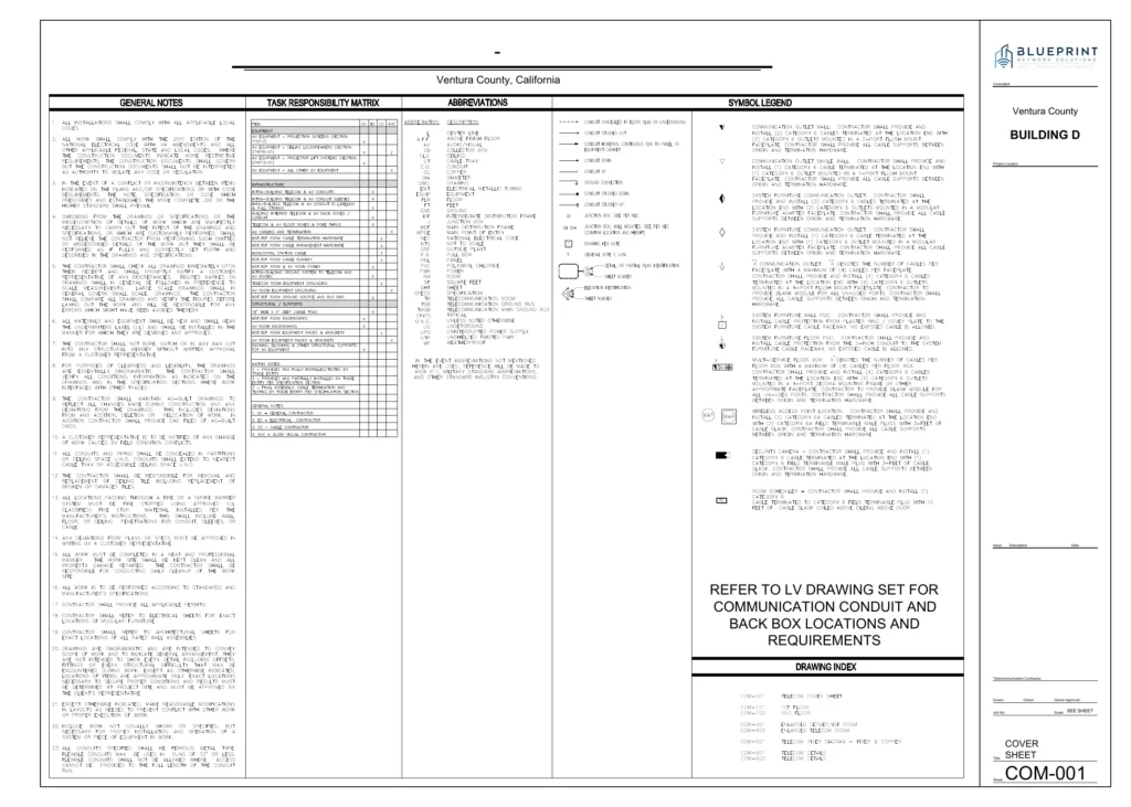 COM-001 cover sheet for Ventura County Building D telecommunications drawings