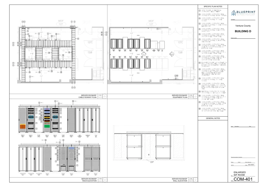 COM-401 MDF room plan and rack elevations for Ventura County Building D