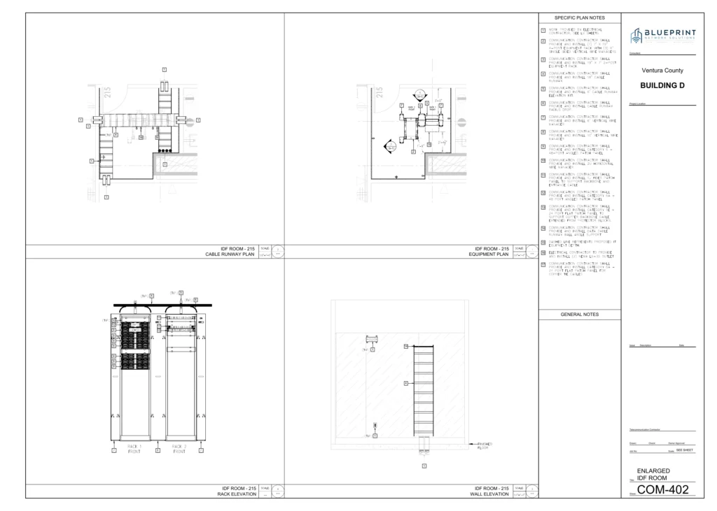 COM-402 IDF room plan and rack elevations for Ventura County Building D
